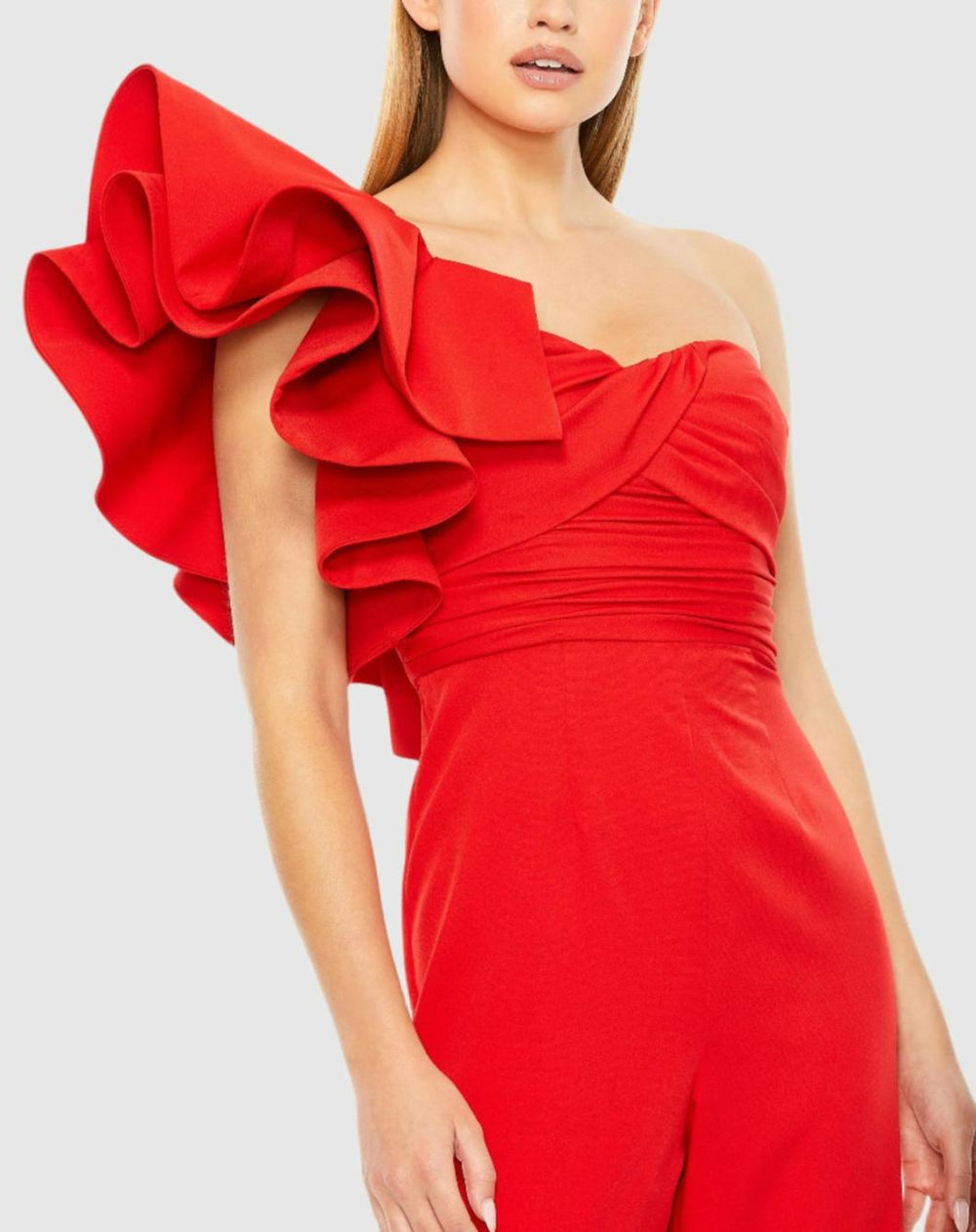 Jumpsuits &amp; Rompers | Women Mac Duggal Red One Shoulder Ruffle Detail Flare Pant Jumpsuit Red