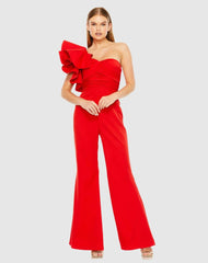 Jumpsuits &amp; Rompers | Women Mac Duggal Red One Shoulder Ruffle Detail Flare Pant Jumpsuit Red