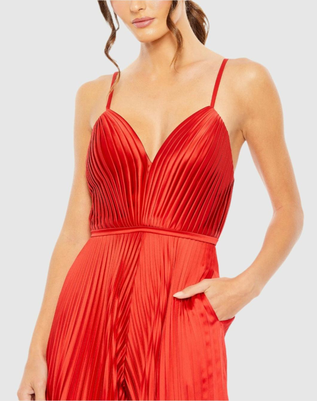 Jumpsuits &amp; Rompers | Women Mac Duggal Red Pleated Plunge Neck Wide Leg Jumpsuit Red