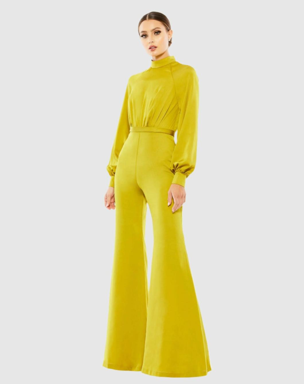 Jumpsuits &amp; Rompers | Women Mac Duggal Satin Raglan Long Sleeve High Neck Jumpsuit Chartreuse