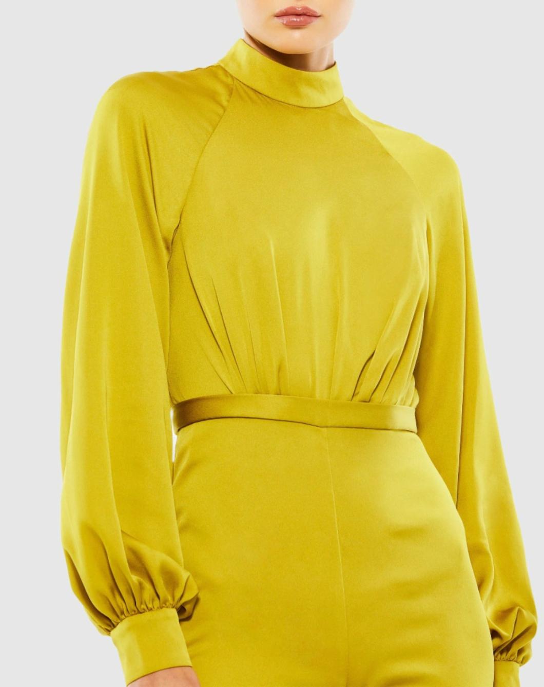 Jumpsuits &amp; Rompers | Women Mac Duggal Satin Raglan Long Sleeve High Neck Jumpsuit Chartreuse