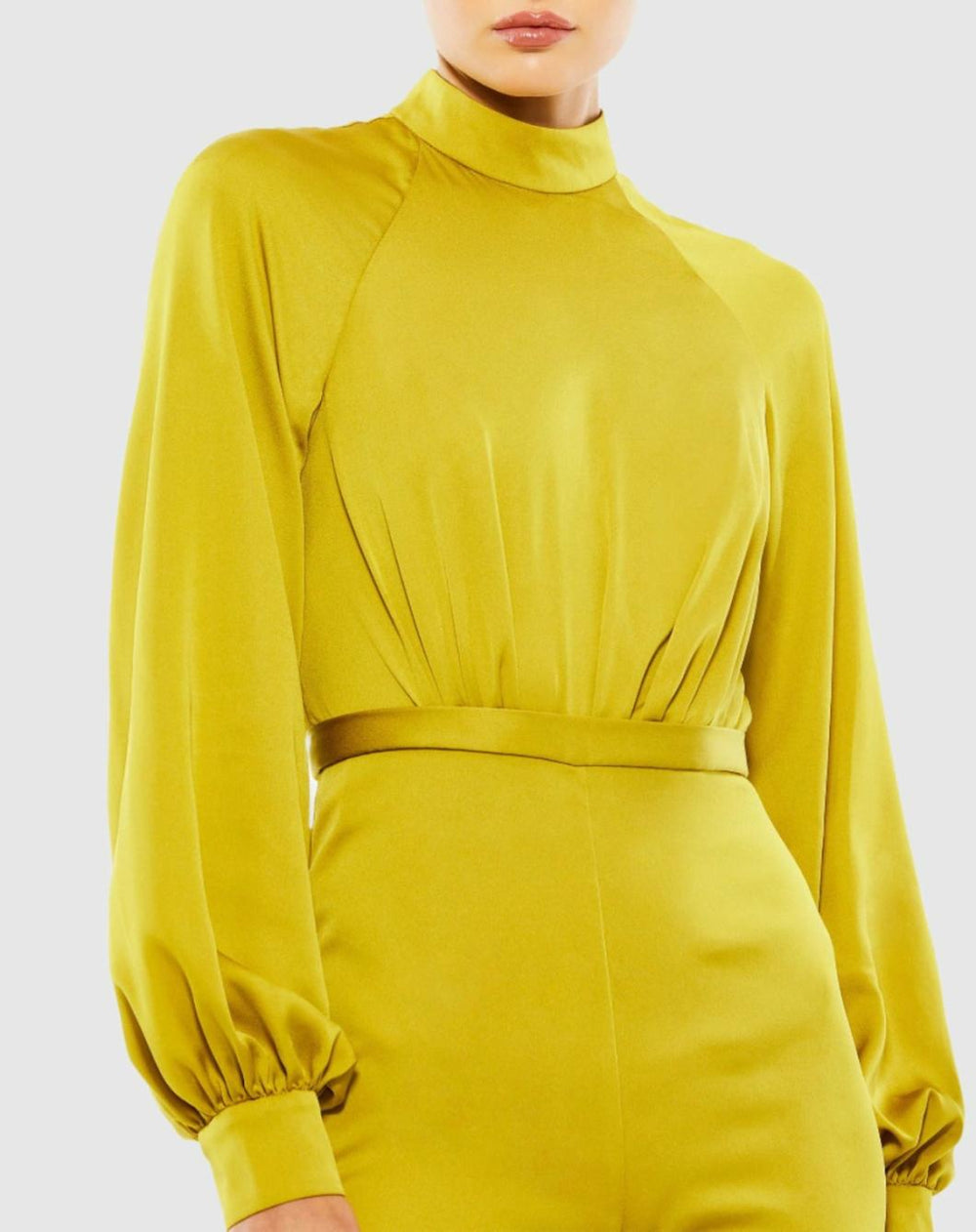 Jumpsuits &amp; Rompers | Women Mac Duggal Satin Raglan Long Sleeve High Neck Jumpsuit Chartreuse