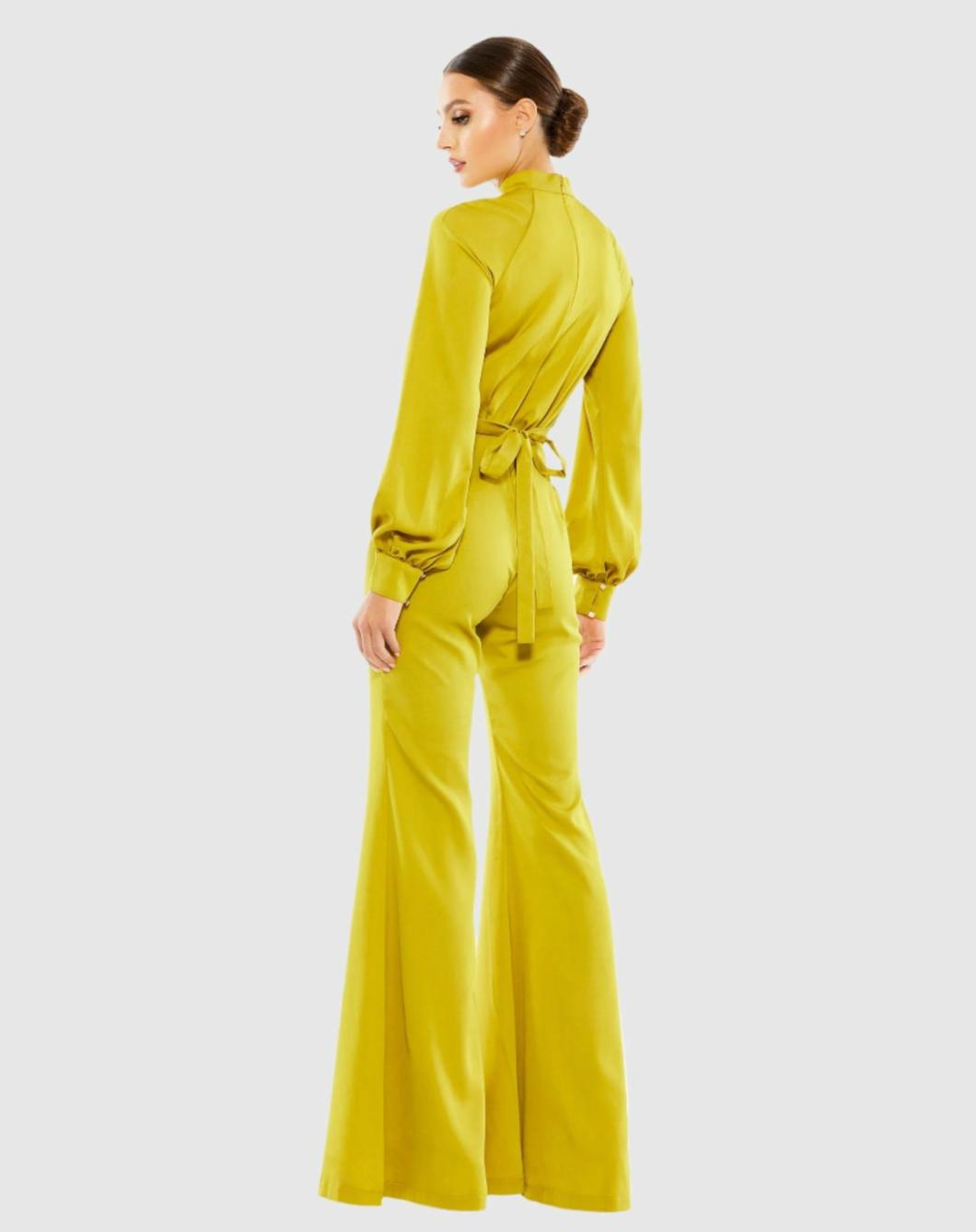 Jumpsuits &amp; Rompers | Women Mac Duggal Satin Raglan Long Sleeve High Neck Jumpsuit Chartreuse