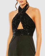 Jumpsuits &amp; Rompers | Women Mac Duggal Sequined Cross Neck Halter Jumpsuit Black