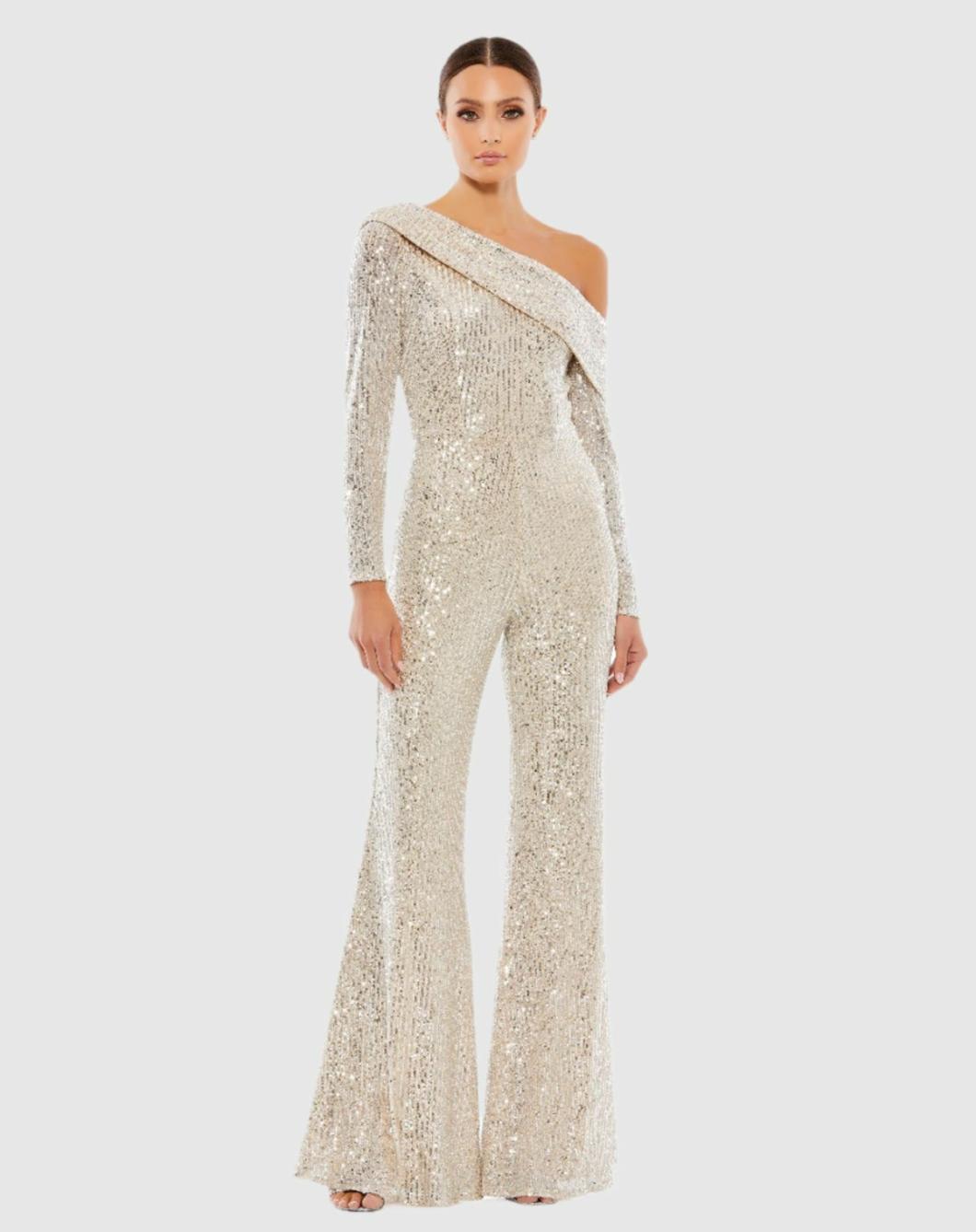 Jumpsuits &amp; Rompers | Women Mac Duggal Sequined Drop Shoulder Long Sleeve Jumpsuit Nude Silver