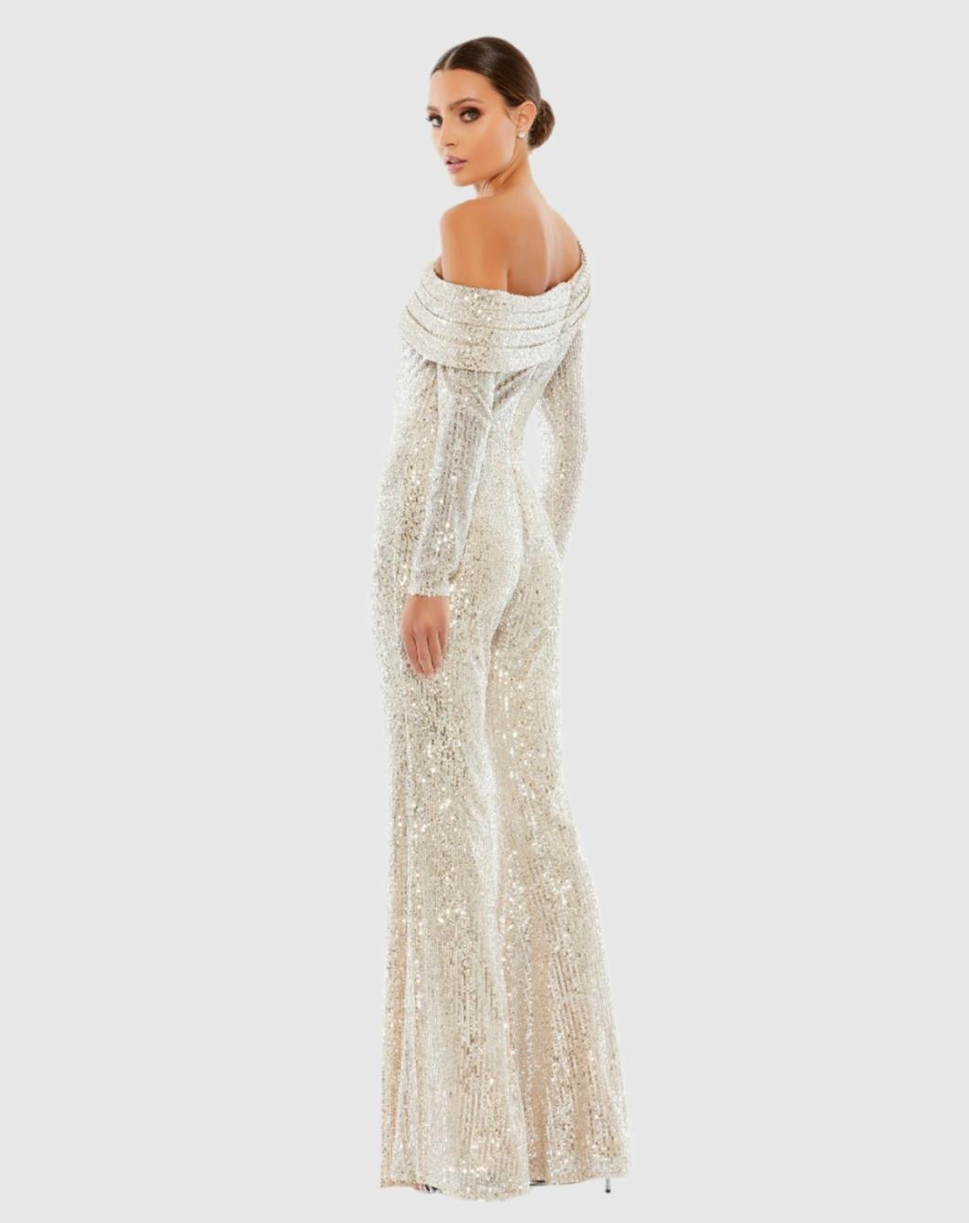 Jumpsuits &amp; Rompers | Women Mac Duggal Sequined Drop Shoulder Long Sleeve Jumpsuit Nude Silver