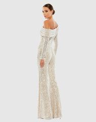 Jumpsuits &amp; Rompers | Women Mac Duggal Sequined Drop Shoulder Long Sleeve Jumpsuit Nude Silver