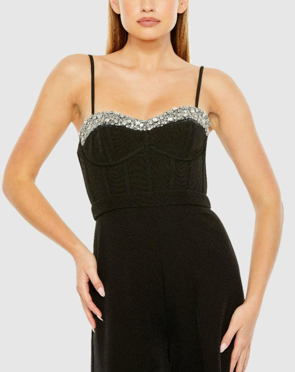 Jumpsuits &amp; Rompers | Women Mac Duggal Slim Strap Beaded Bustier Top Jumpsuit Black