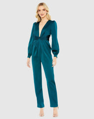 Jumpsuits &amp; Rompers | Women Mac Duggal Teal Front Twist Puff Sleeve Deep V Jumpsuit Deep Green