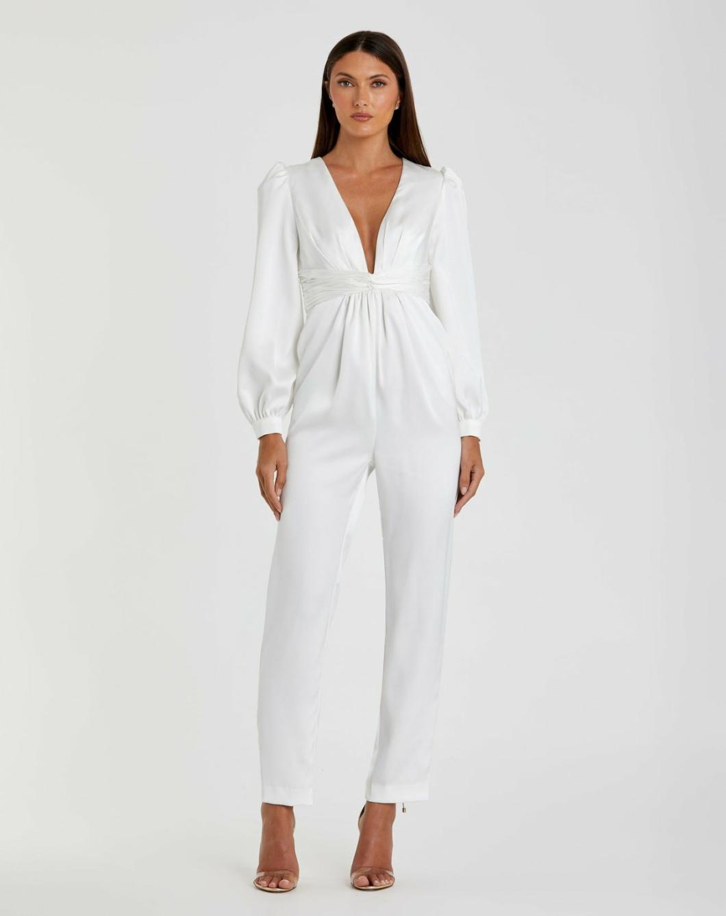 Jumpsuits &amp; Rompers | Women Mac Duggal White Front Twist Puff Sleeve Deep V Jumpsuit White