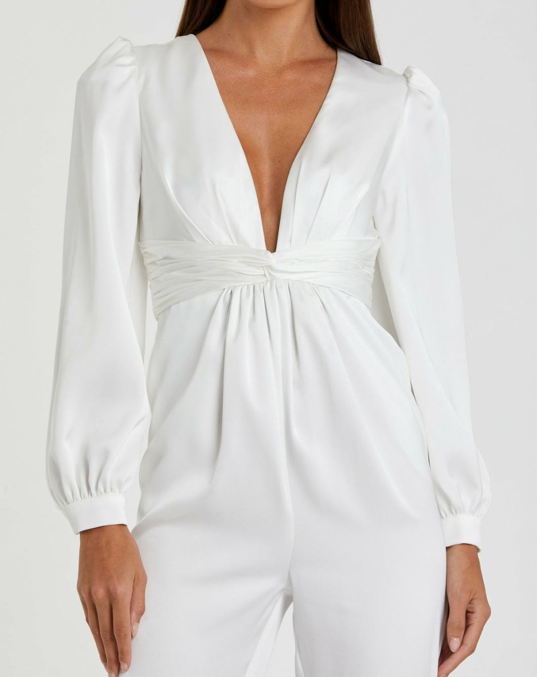 Jumpsuits &amp; Rompers | Women Mac Duggal White Front Twist Puff Sleeve Deep V Jumpsuit White