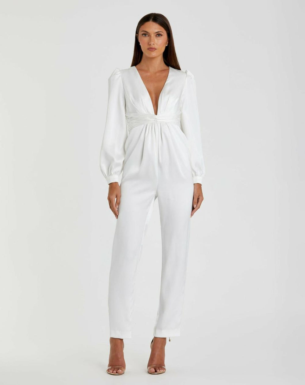 Jumpsuits &amp; Rompers | Women Mac Duggal White Front Twist Puff Sleeve Deep V Jumpsuit White