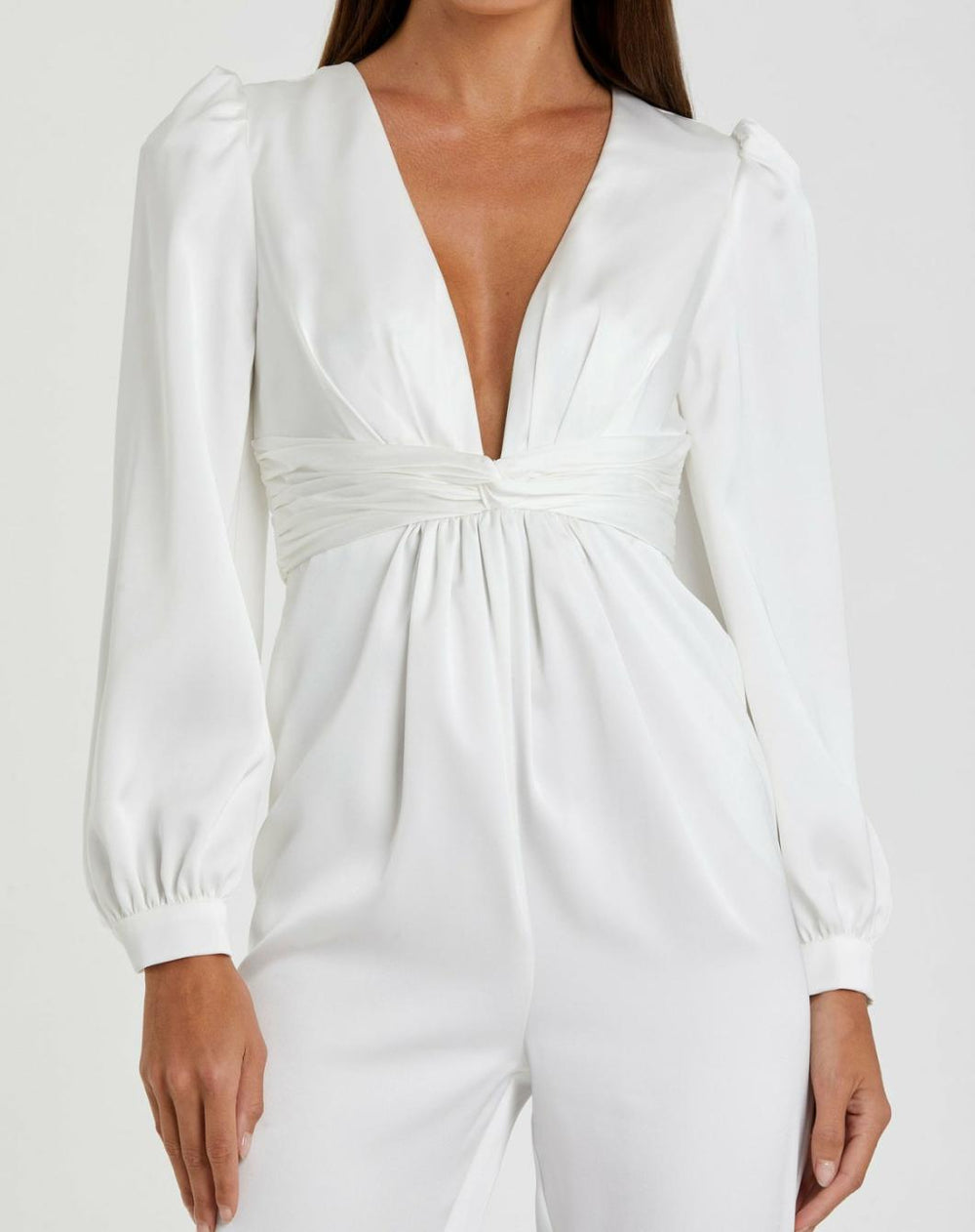 Jumpsuits &amp; Rompers | Women Mac Duggal White Front Twist Puff Sleeve Deep V Jumpsuit White