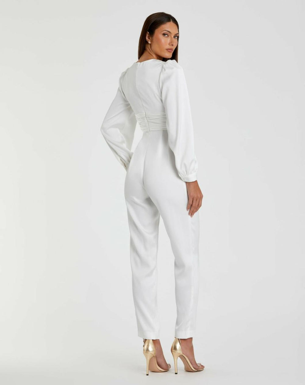 Jumpsuits &amp; Rompers | Women Mac Duggal White Front Twist Puff Sleeve Deep V Jumpsuit White