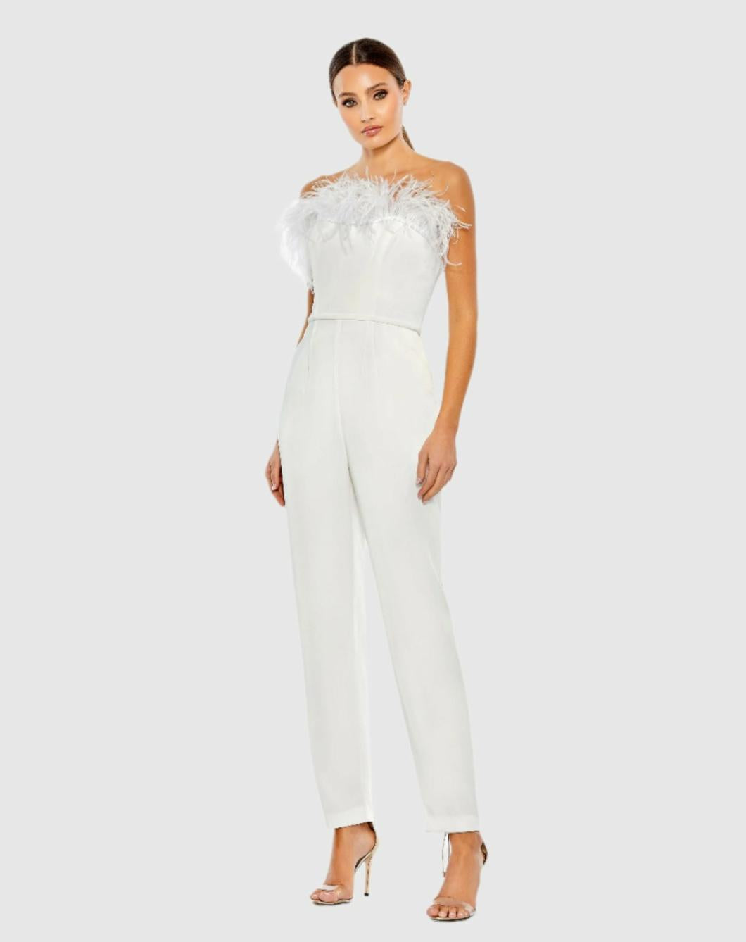 Jumpsuits &amp; Rompers | Women Mac Duggal White Strapless Jumpsuit With Feather Trim White