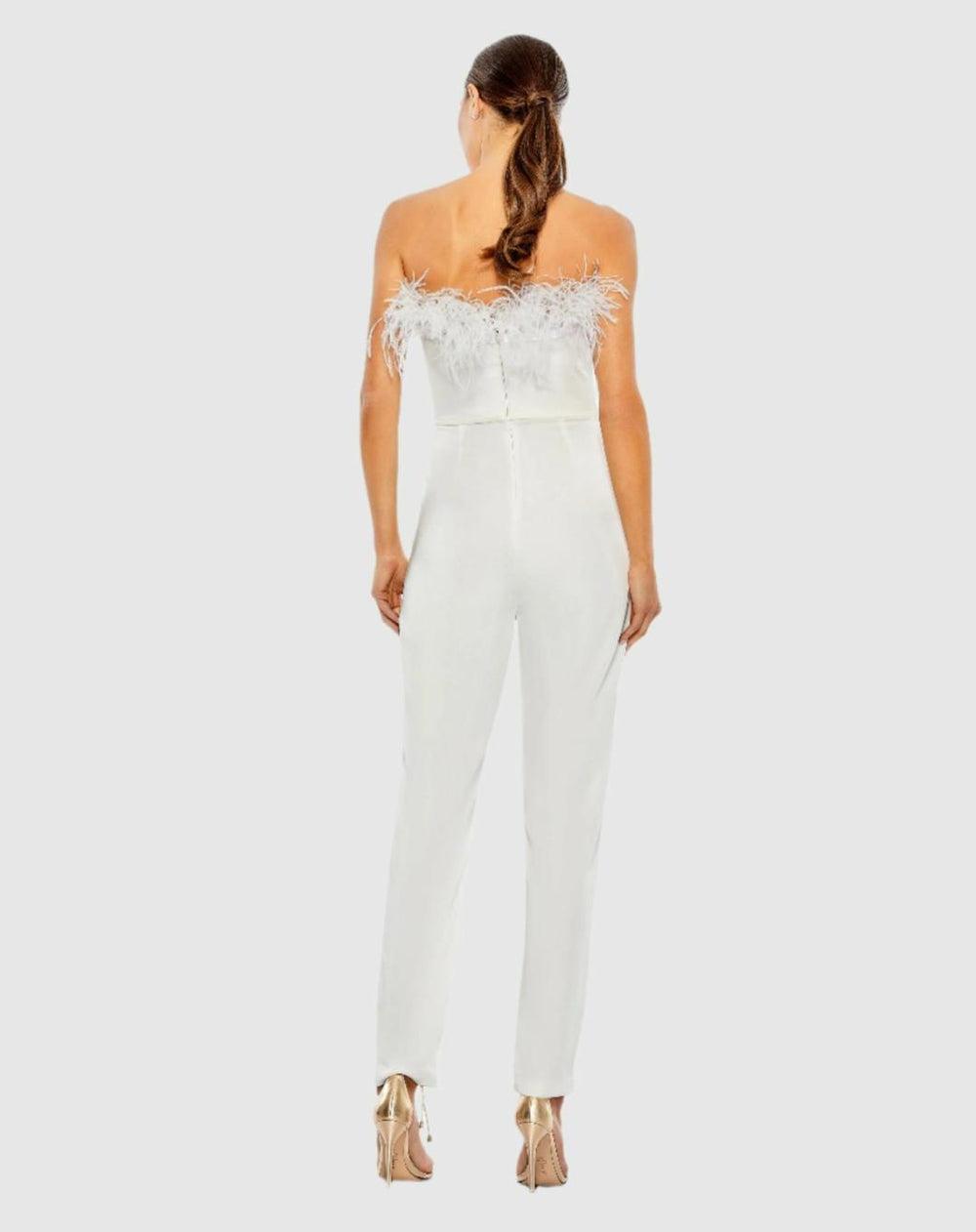 Jumpsuits &amp; Rompers | Women Mac Duggal White Strapless Jumpsuit With Feather Trim White