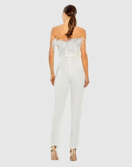 Jumpsuits &amp; Rompers | Women Mac Duggal White Strapless Jumpsuit With Feather Trim White