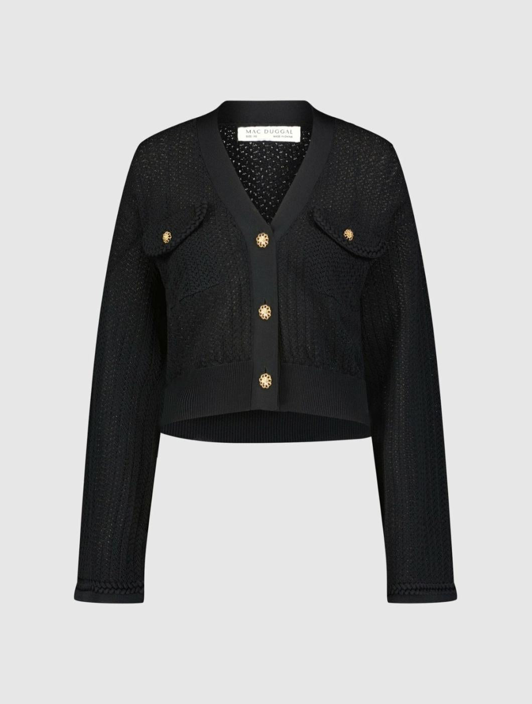 Knitwear | Women Mac Duggal Crochet Knit Flare Long Sleeve Gold Button Cropped Cardigan - FINAL SA Black