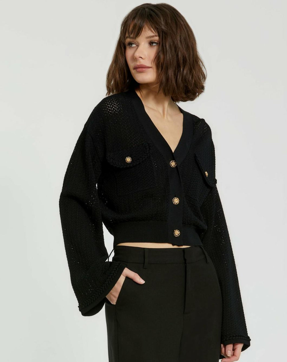 Knitwear | Women Mac Duggal Crochet Knit Flare Long Sleeve Gold Button Cropped Cardigan - FINAL SA Black