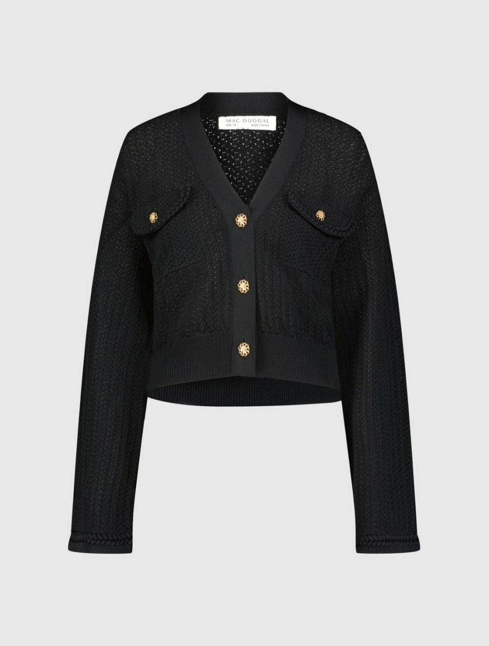 Knitwear | Women Mac Duggal Crochet Knit Flare Long Sleeve Gold Button Cropped Cardigan - FINAL SA Black