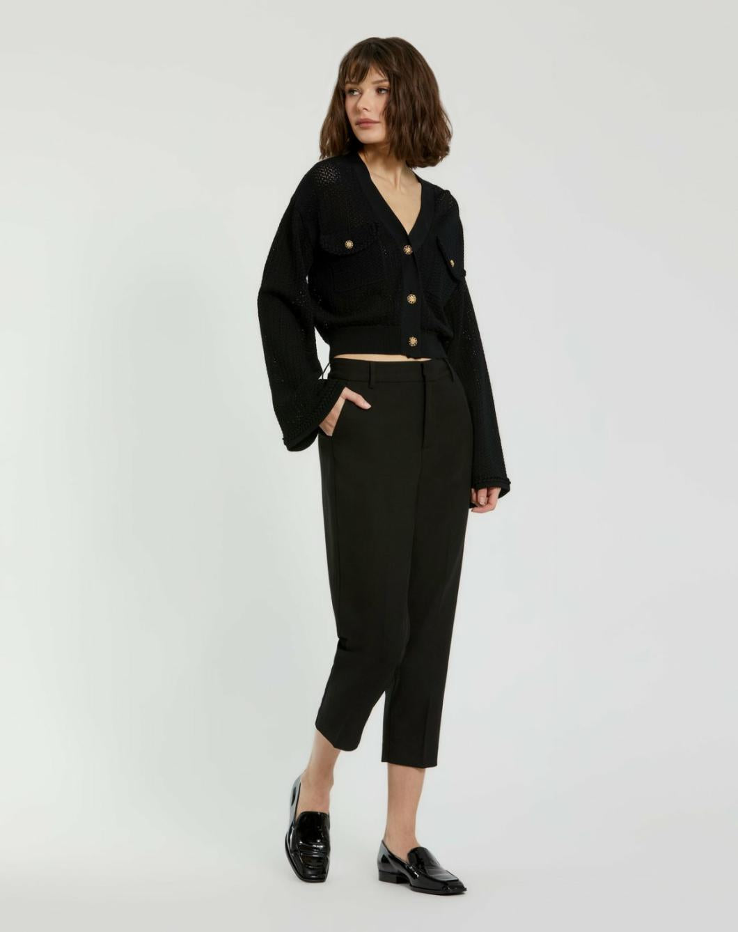 Knitwear | Women Mac Duggal Crochet Knit Flare Long Sleeve Gold Button Cropped Cardigan - FINAL SA Black