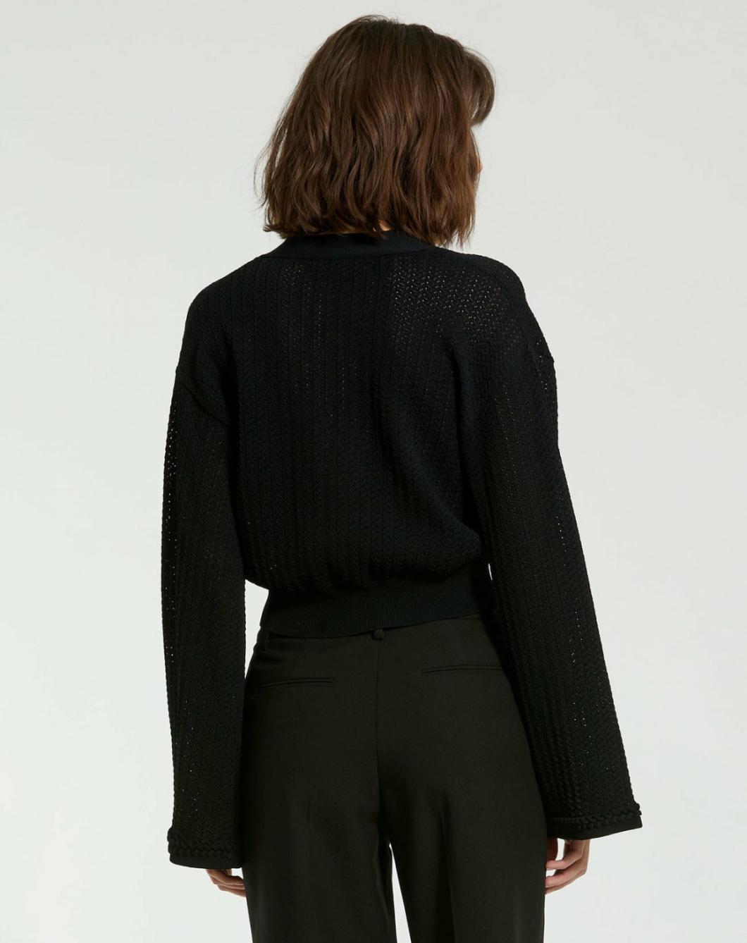 Knitwear | Women Mac Duggal Crochet Knit Flare Long Sleeve Gold Button Cropped Cardigan - FINAL SA Black