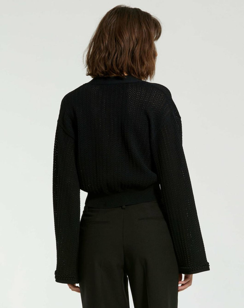 Knitwear | Women Mac Duggal Crochet Knit Flare Long Sleeve Gold Button Cropped Cardigan - FINAL SA Black