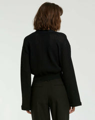 Knitwear | Women Mac Duggal Crochet Knit Flare Long Sleeve Gold Button Cropped Cardigan - FINAL SA Black