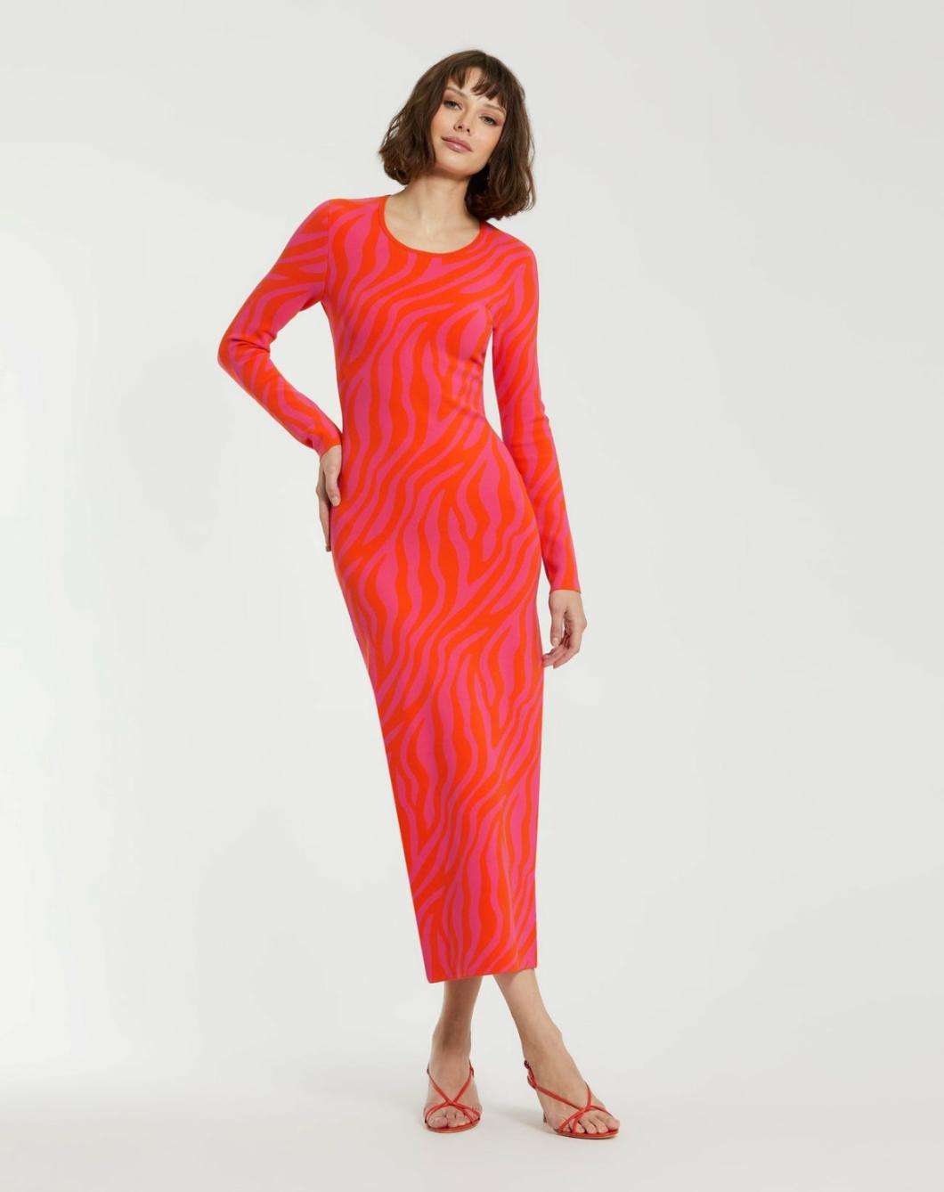 Knitwear | Women Mac Duggal Fitted Long Sleeve Zebra Print Knit Maxi Dress - FINAL SALE Hot Pink Sunset