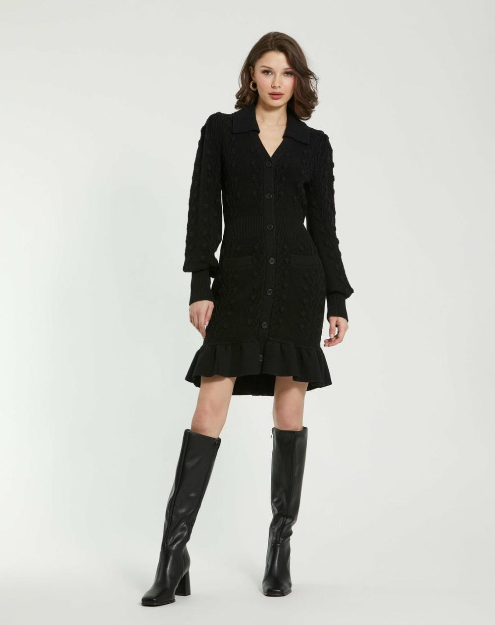 Knitwear | Women Mac Duggal Long Sleeve Button Up Collared Bobble Knit Sweater Dress Black