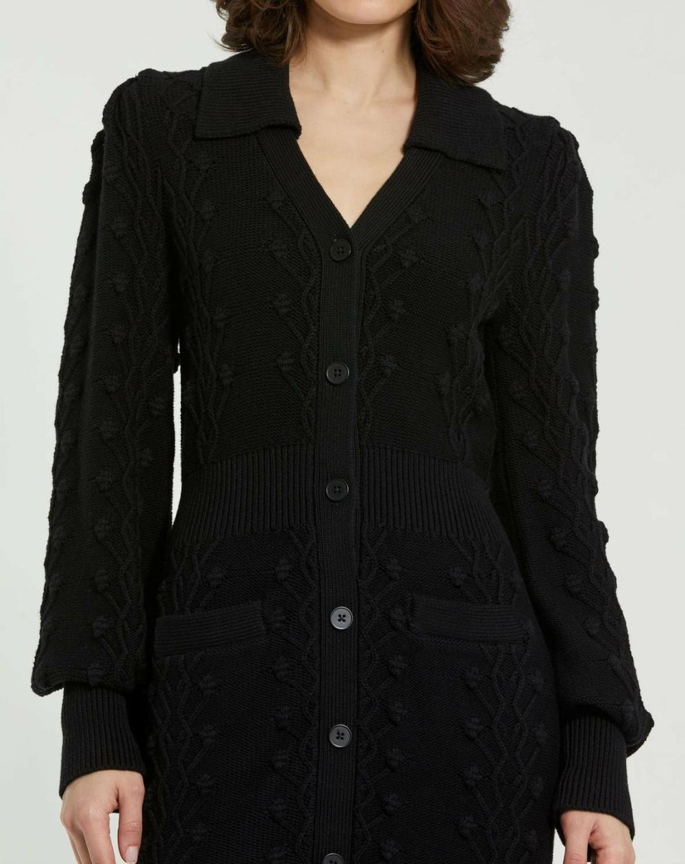 Knitwear | Women Mac Duggal Long Sleeve Button Up Collared Bobble Knit Sweater Dress Black