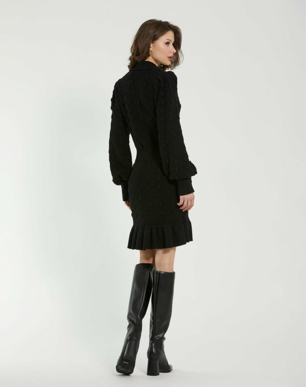 Knitwear | Women Mac Duggal Long Sleeve Button Up Collared Bobble Knit Sweater Dress Black