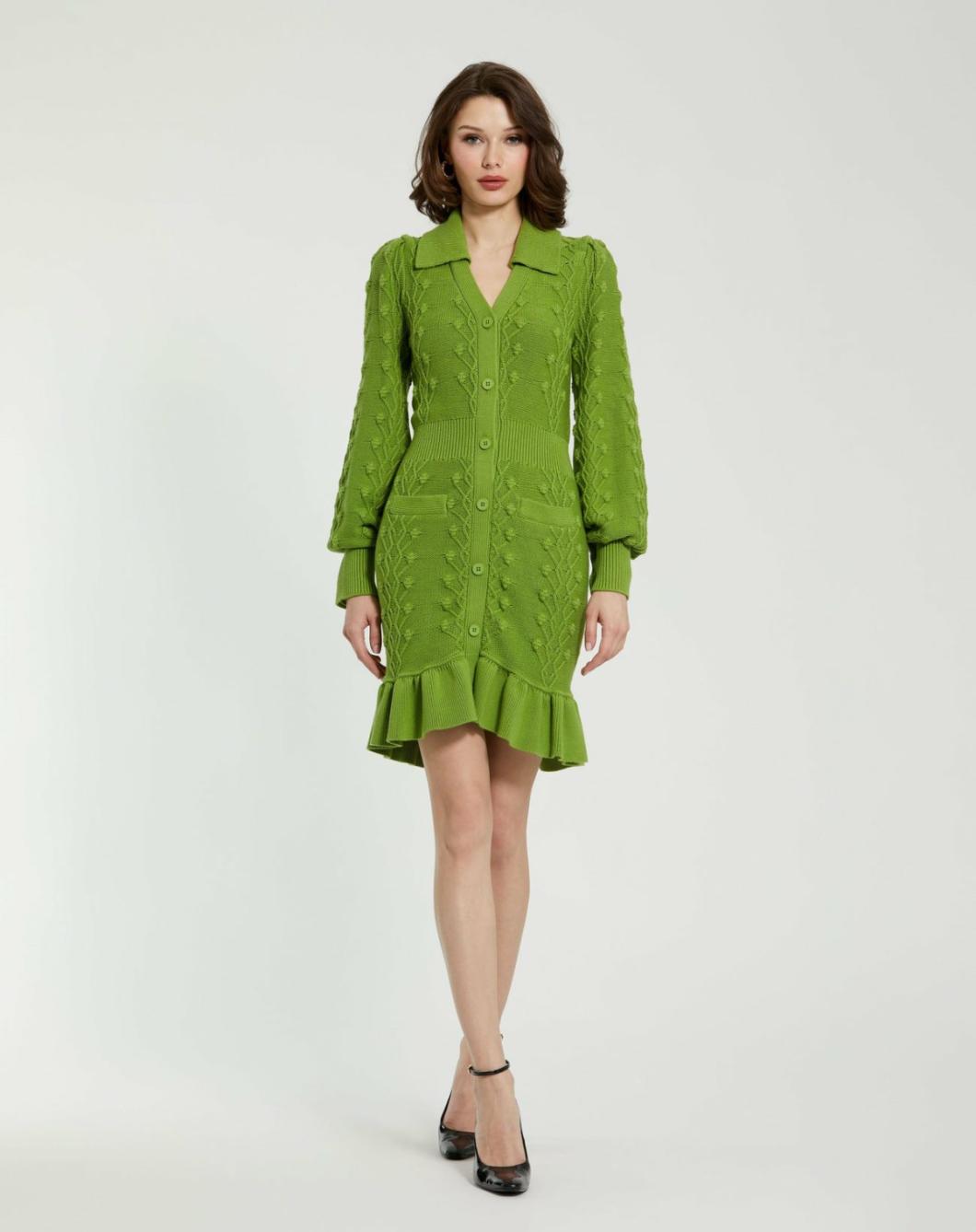 Knitwear | Women Mac Duggal Long Sleeve Button Up Collared Bobble Knit Sweater Dress Pear