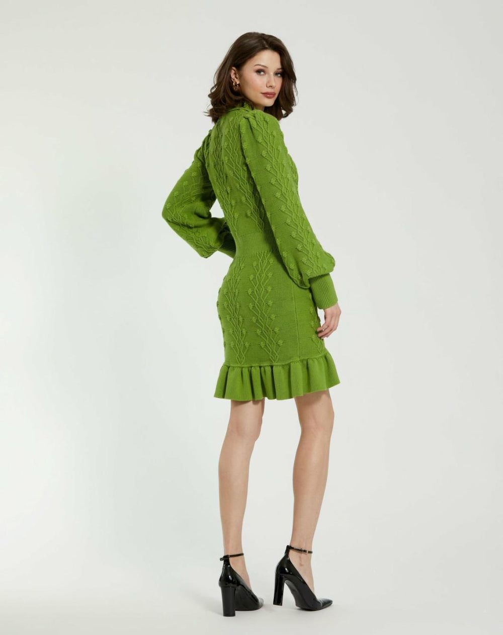 Knitwear | Women Mac Duggal Long Sleeve Button Up Collared Bobble Knit Sweater Dress Pear