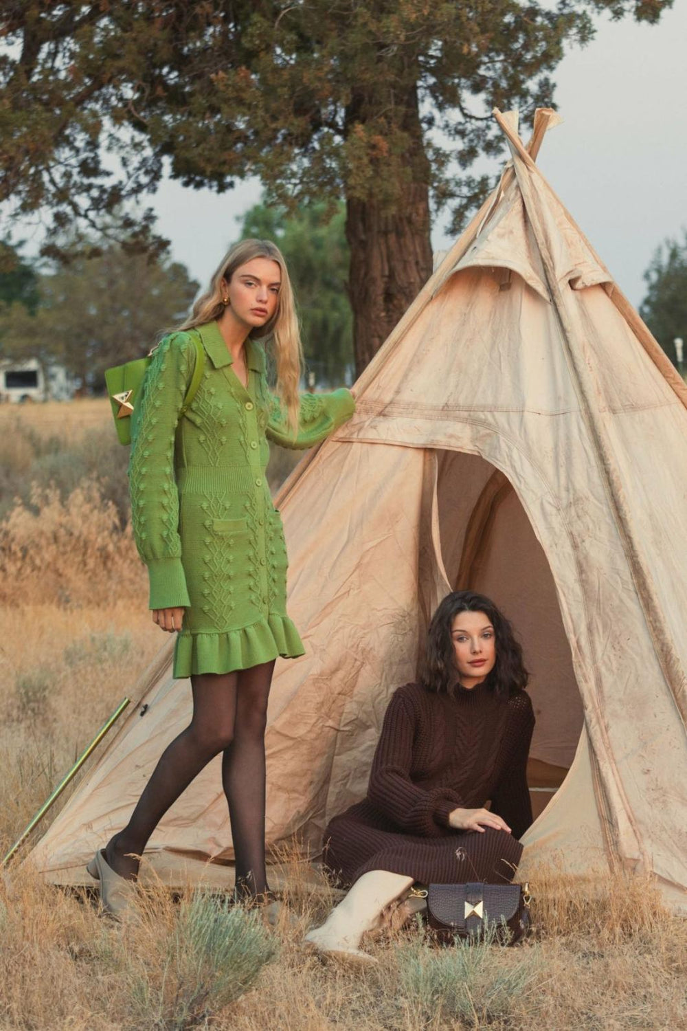 Knitwear | Women Mac Duggal Long Sleeve Button Up Collared Bobble Knit Sweater Dress Pear