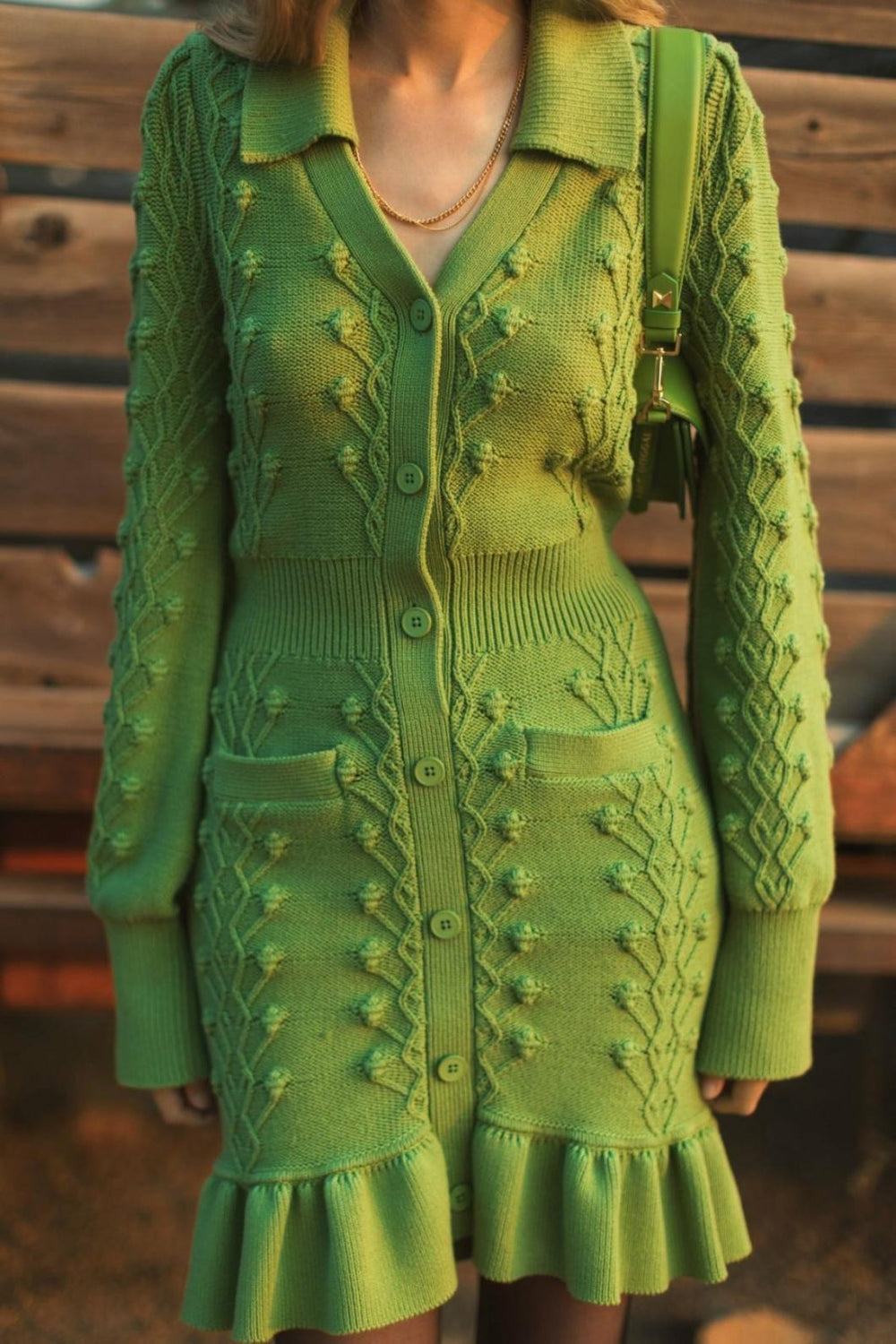 Knitwear | Women Mac Duggal Long Sleeve Button Up Collared Bobble Knit Sweater Dress Pear