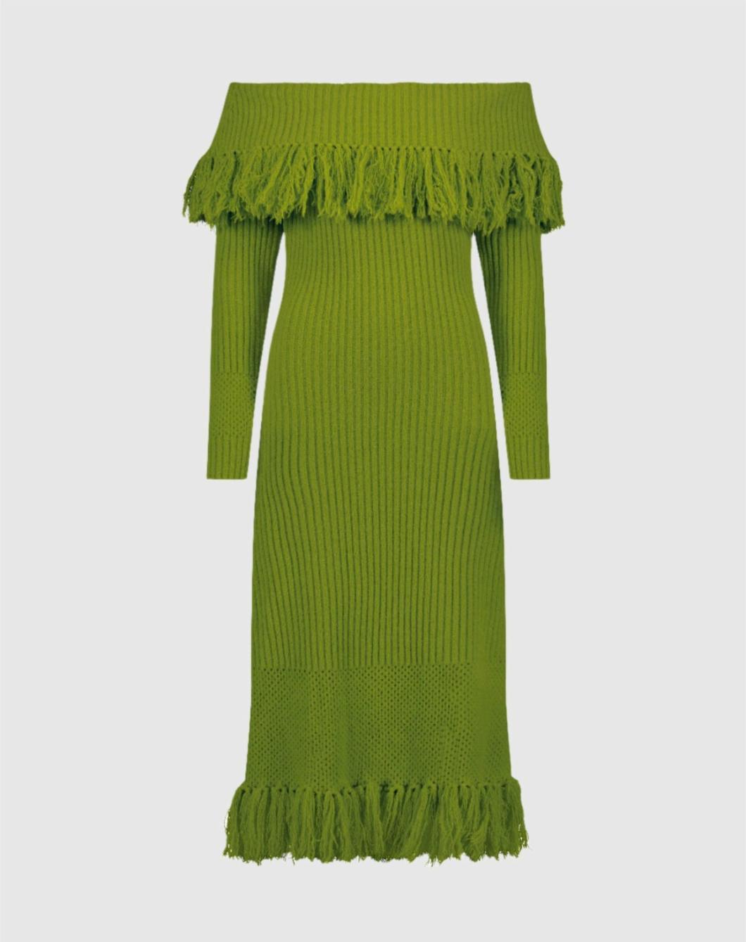 Knitwear | Women Mac Duggal Off The Shoulder Fringe Long Sleeve Knit Dress Pear