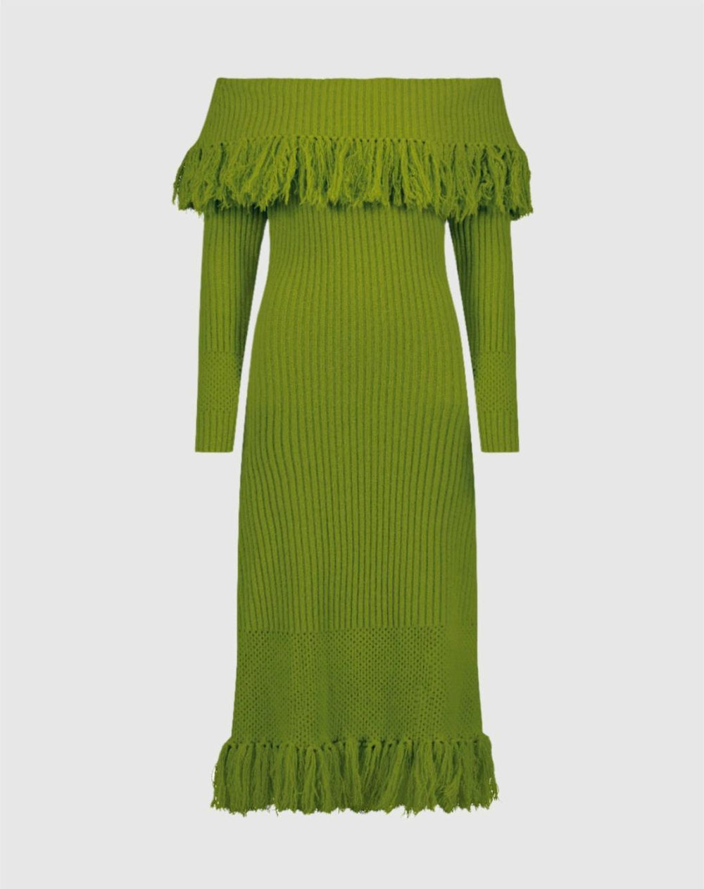 Knitwear | Women Mac Duggal Off The Shoulder Fringe Long Sleeve Knit Dress Pear