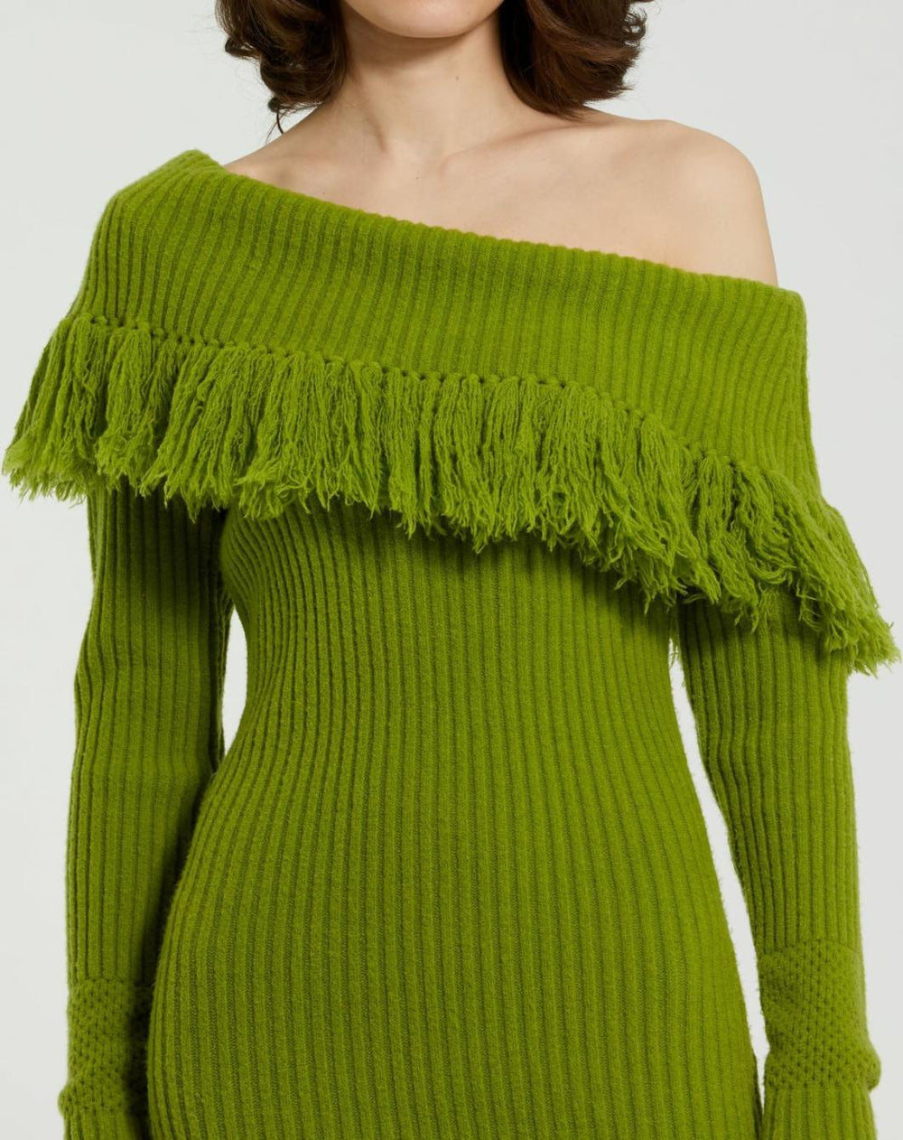 Knitwear | Women Mac Duggal Off The Shoulder Fringe Long Sleeve Knit Dress Pear