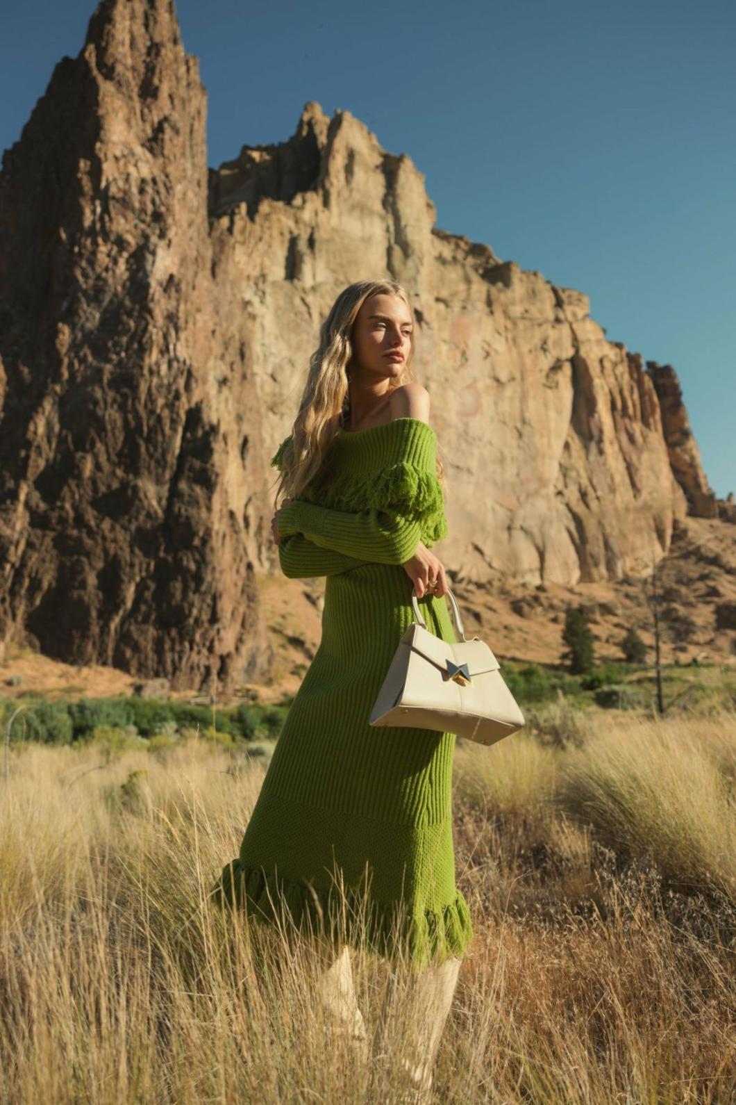 Knitwear | Women Mac Duggal Off The Shoulder Fringe Long Sleeve Knit Dress Pear