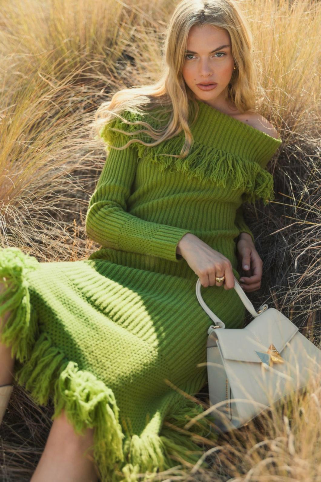 Knitwear | Women Mac Duggal Off The Shoulder Fringe Long Sleeve Knit Dress Pear