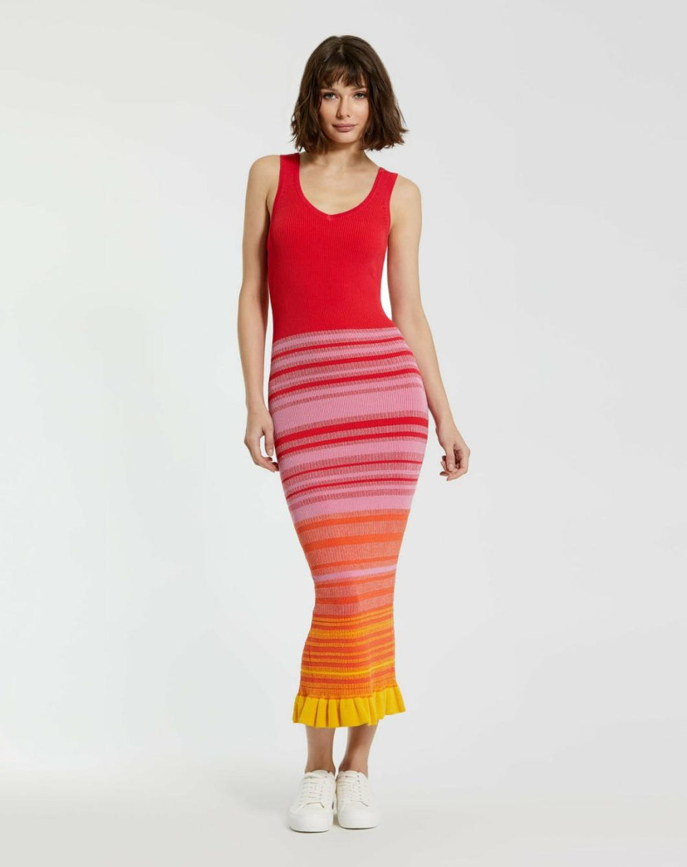 Knitwear | Women Mac Duggal Red Striped Fitted Sleeveless Ribbed Knit Midi Tank Dress - FINAL SALE Red
