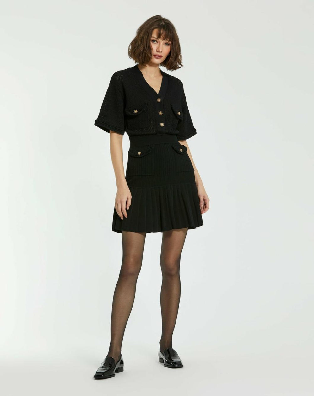 Knitwear | Women Mac Duggal Short Sleeve Gold Button Front Crochet Knit Dress With Pleated Hem - F Black