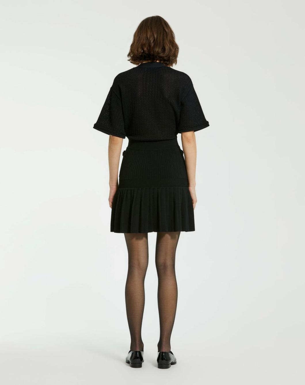 Knitwear | Women Mac Duggal Short Sleeve Gold Button Front Crochet Knit Dress With Pleated Hem - F Black