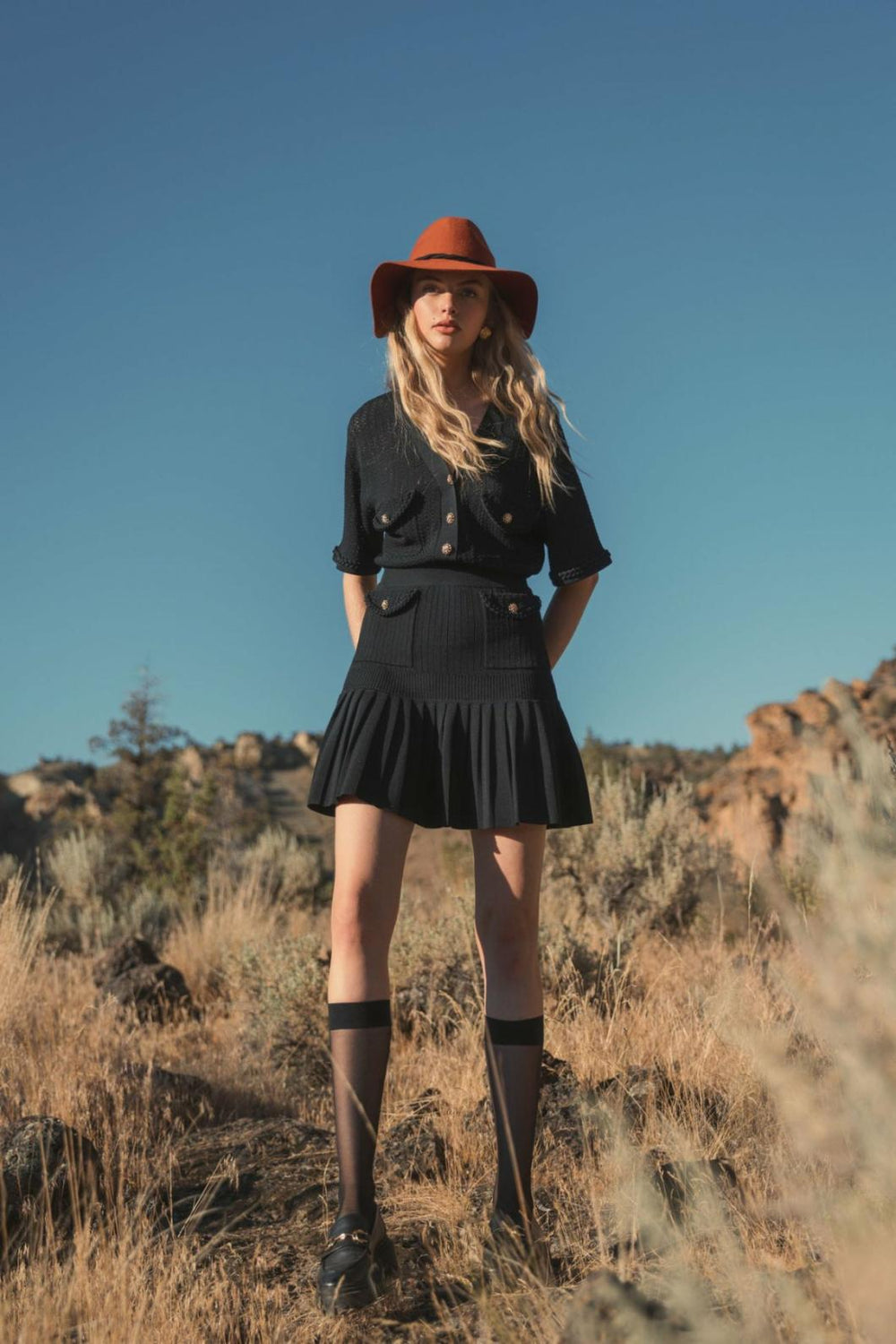 Knitwear | Women Mac Duggal Short Sleeve Gold Button Front Crochet Knit Dress With Pleated Hem - F Black