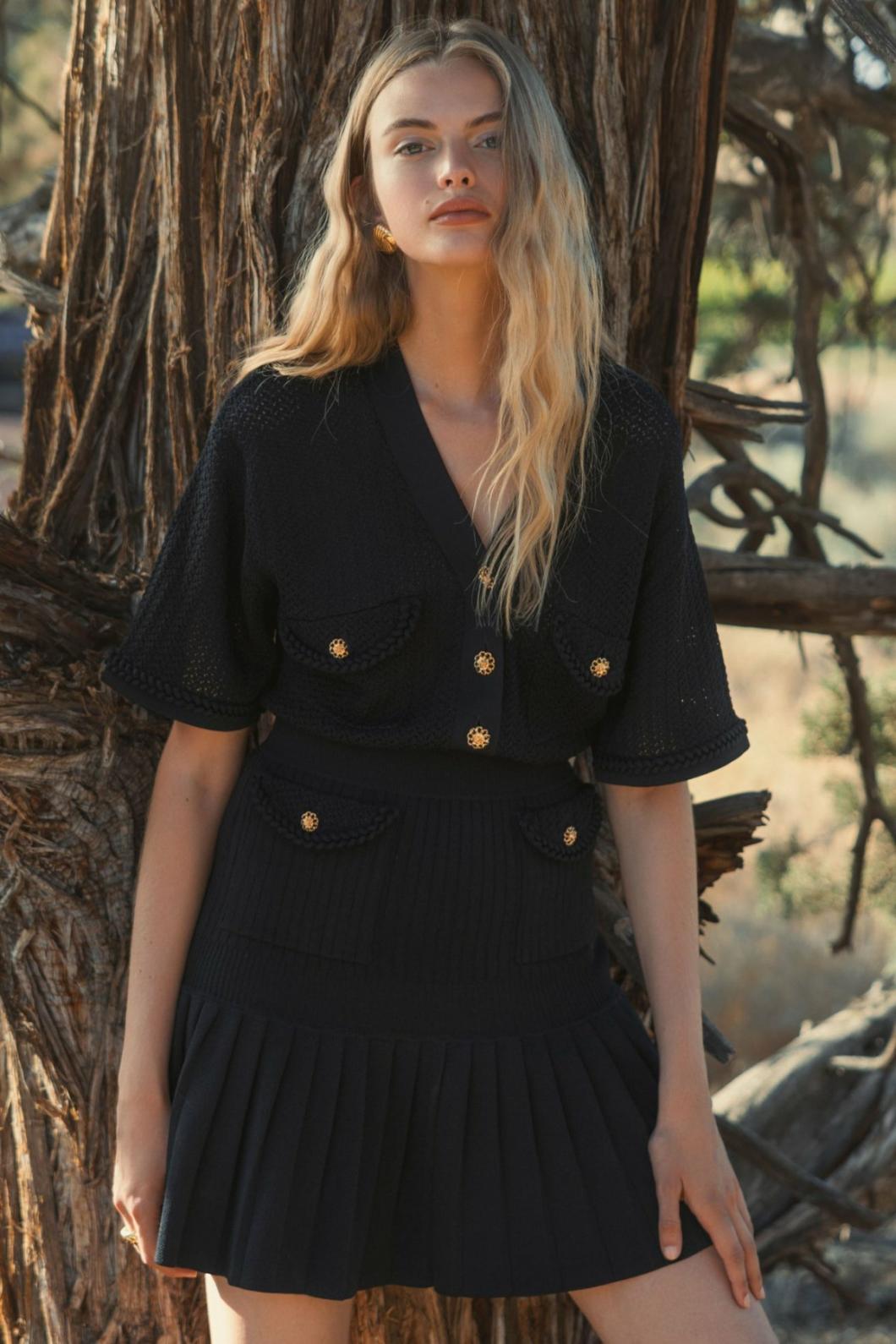 Knitwear | Women Mac Duggal Short Sleeve Gold Button Front Crochet Knit Dress With Pleated Hem - F Black