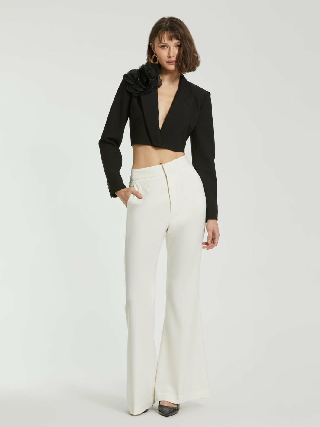 Pants | Women Mac Duggal Ivory Classic Crepe Flared Trouser Pant - FINAL SALE Ivory