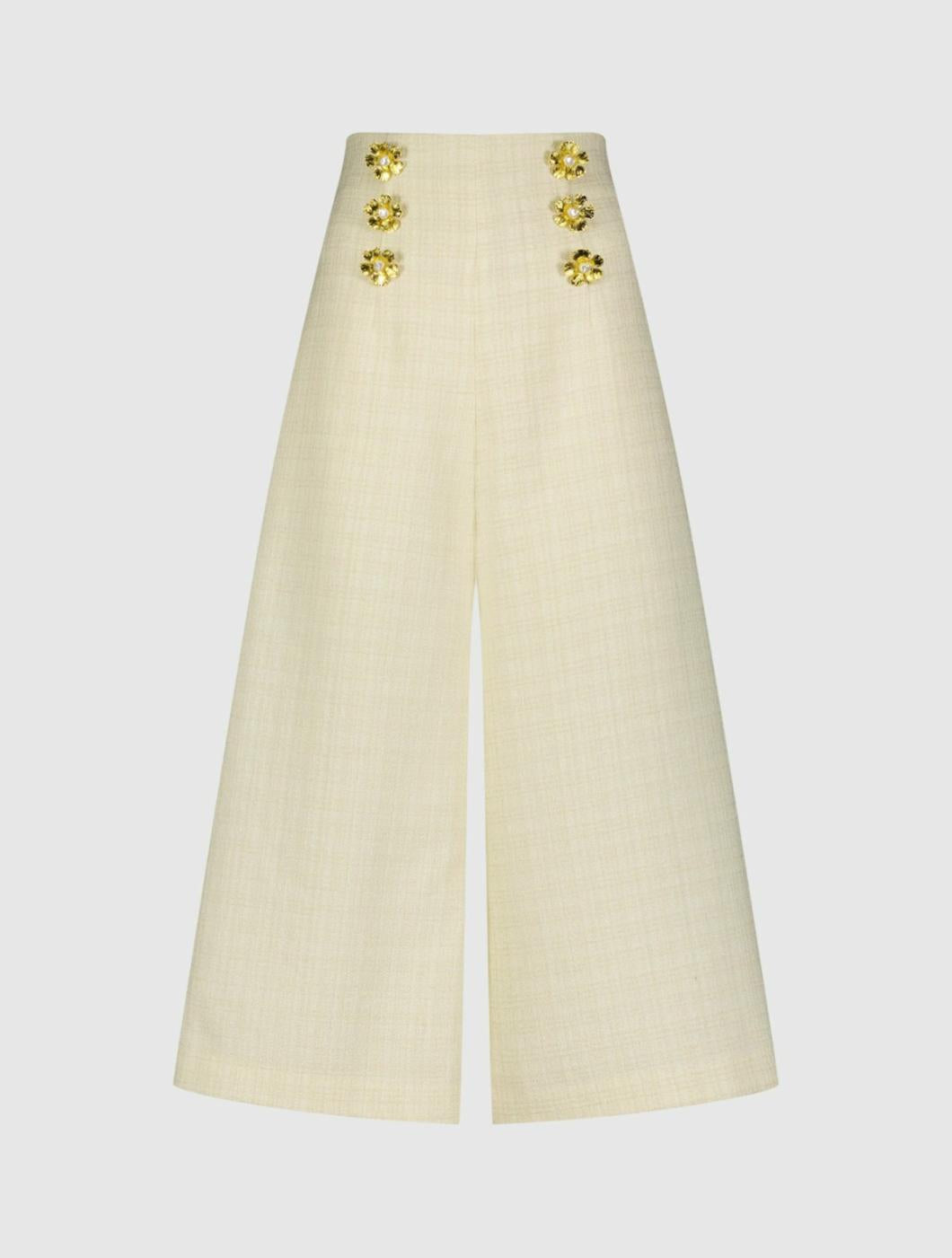 Pants | Women Mac Duggal Ivory Tweed High Waisted Wide Leg Sailor Pant With Gold Buttons - FINA Cream