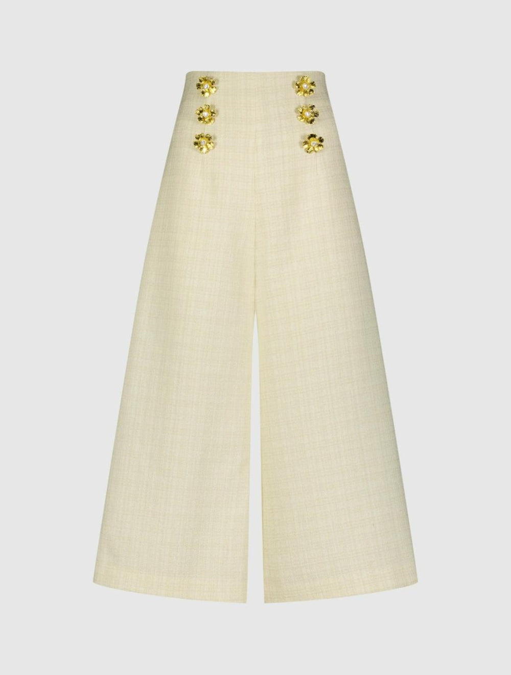 Pants | Women Mac Duggal Ivory Tweed High Waisted Wide Leg Sailor Pant With Gold Buttons - FINA Cream