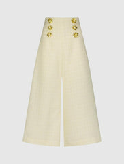 Pants | Women Mac Duggal Ivory Tweed High Waisted Wide Leg Sailor Pant With Gold Buttons - FINA Cream